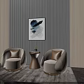 Modern Comfortable Lounge Chairs With Round Side Table And Abstract Painting On Grey Striped Wall