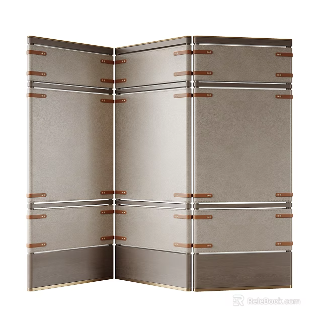 Folding Room Divider With Metal Frame Leather Hinges Fabric Panels And Wooden Base 3d model 