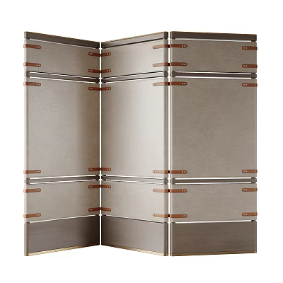 Folding Room Divider With Metal Frame Leather Hinges Fabric Panels And Wooden Base 3d model
