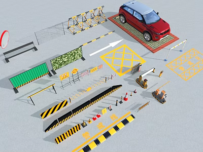 Traffic Control Devices Set Featuring Barriers Cones Signs Strips And Red Car 3d model