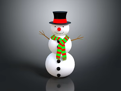 Snowman Figure With Black Top Hat Red Nose Green Red Scarf And Stick Arms 3d model