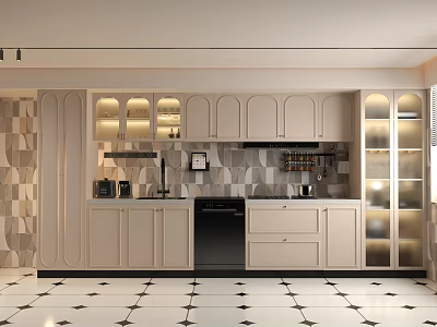 Modern Open Kitchen Interior Design With Island Counter Cabinets And Appliances 3d model