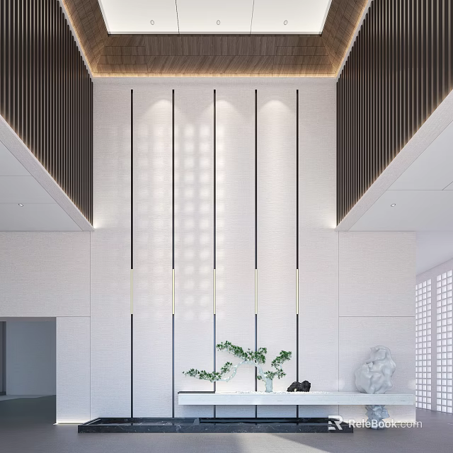 Modern Hotel Lobby Interior Design With Stylish Lighting And Decorative Plants 3d model 