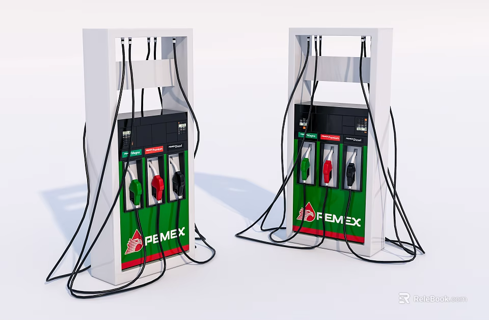 Public Facility PEMEX Gas Station Fuel Dispensers With Green Red Nozzles And Hoses 3d model 