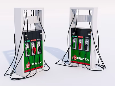 Public Facility PEMEX Gas Station Fuel Dispensers With Green Red Nozzles And Hoses 3d model