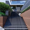 Landscape Garden Design with Red Brick Walls Steps Green Plants and Purple Flowers