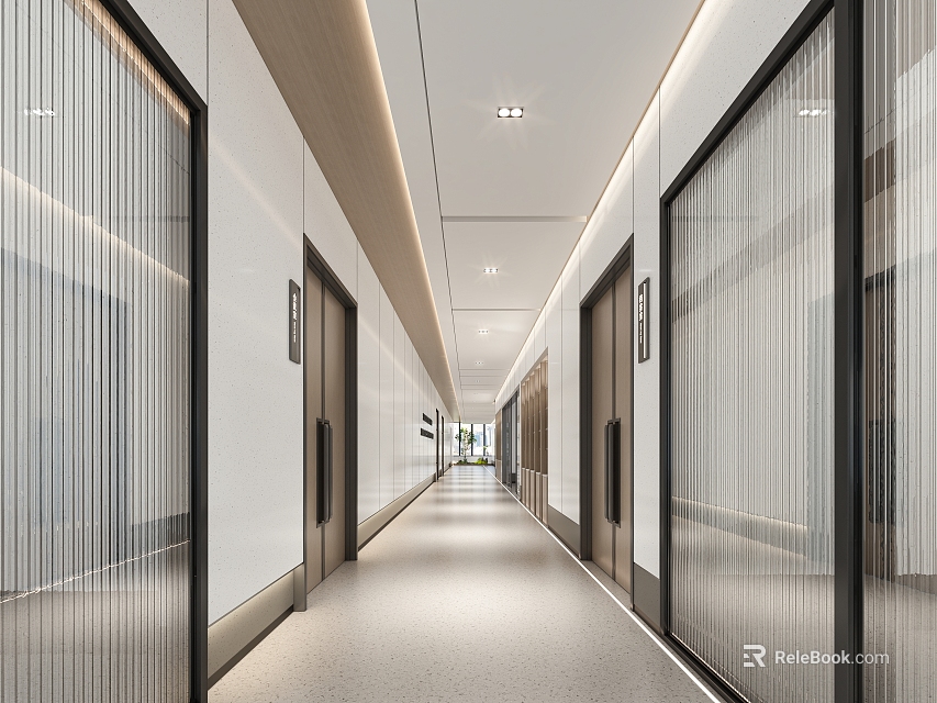 Modern Office Corridor With Glass Doors Minimalist Design And Ceiling Lighting 3d model 