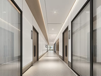 Modern Office Corridor With Glass Doors Minimalist Design And Ceiling Lighting 3d model