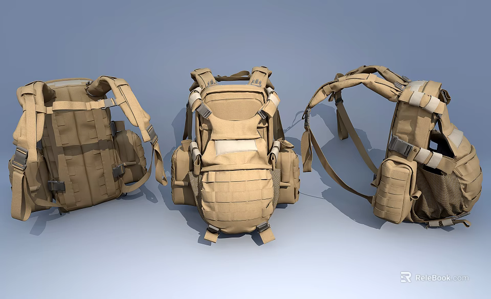 Khaki Tactical Backpacks Displayed In Different Angles With Multiple Pockets And Adjustable Straps 3d model 