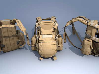 Khaki Tactical Backpacks Displayed In Different Angles With Multiple Pockets And Adjustable Straps 3d model