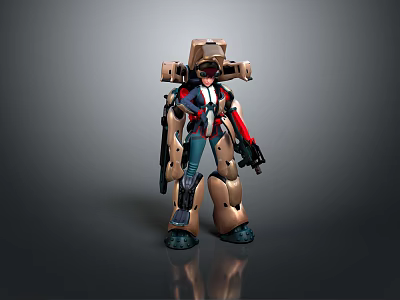 Detailed Mechanical Robot Character Featuring Brown Red Armor And Weapon In Standing Pose 3d model