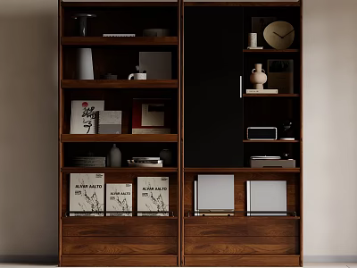 Modern Wooden Bookshelf With Multiple Shelves Holding Books Decorative Items Clock And Vase 3d model