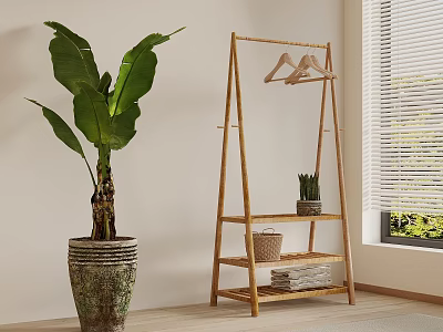 Home Interior With Large Green Plant In Ceramic Pot Wooden Coat Rack And Blinds 3d model
