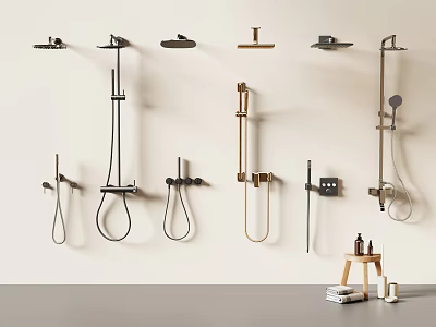Various Modern Shower Heads With Handheld Overhead And Fixed Mounts And Bathroom Accessories 3d model