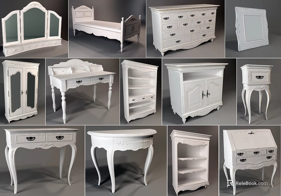 White Console Table and Side Cabinet with Storage Drawers and Elegant Design for Entryway 3d model