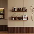 Modern Interior Wall With Wooden Shelves Photo Frames And Branch Decor