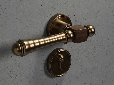Brass Cylindrical Door Handle With Decorative Patterns Installed On Gray Wall And Keyhole Plate 3d model