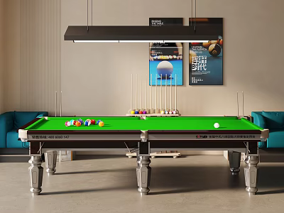 Green Felt Billiard Table With Colored Balls Cues Blue Sofas And Wall Posters 3d model