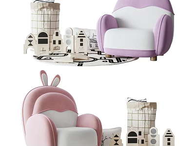 Pink And Purple Rabbit Ear Design Leisure Chair With Wooden Building Blocks In Kids Room 3d model