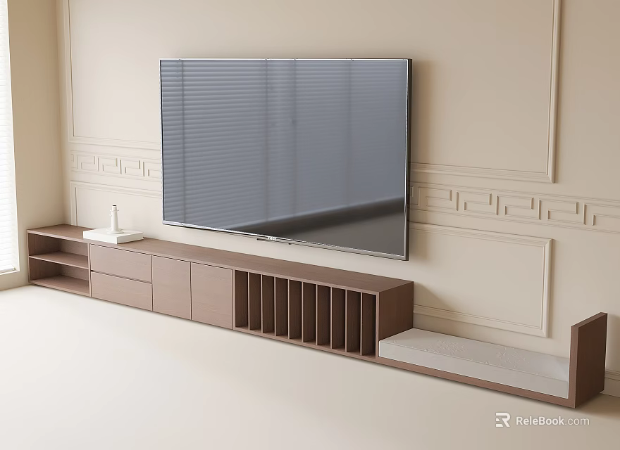 Modern Wooden TV Cabinet With Large TV Wall Molding Storage Drawers And Open Shelves 3d model 