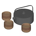 Natural Style Tea Set Featuring Black Cast Iron Teapot And Three Wooden Cups