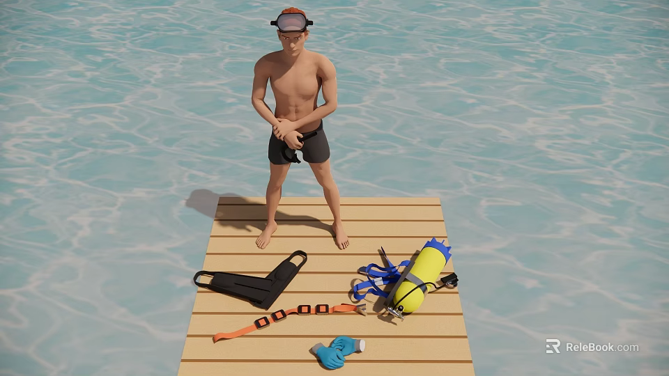 A man standing on wooden platform above water with diving gear BCD cylinder and snorkel 3d model