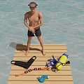 A man standing on wooden platform above water with diving gear BCD cylinder and snorkel 3d model