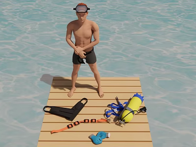 A man standing on wooden platform above water with diving gear BCD cylinder and snorkel 3d model