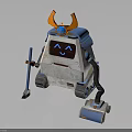 Cute Blue And White Robot With Orange Horns Holding Mop And Vacuum Cleaning Tools
