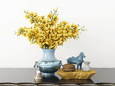 Blue Vase With Yellow Flowers And Decorative Horse Figurine On Gold Tray With Wicker Container 3d model