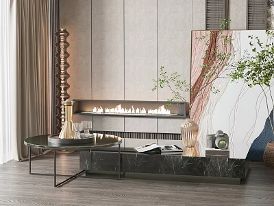 Modern Coffee Table with Marble Top in Living Room with Fireplace Green Plants and Artwork 3d model