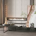 Modern Coffee Table with Marble Top in Living Room with Fireplace Green Plants and Artwork