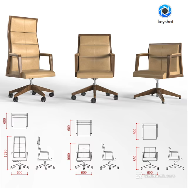 Brown Leather Office Chairs With Wooden Armrests Various Styles And Dimension Diagrams 3d model 