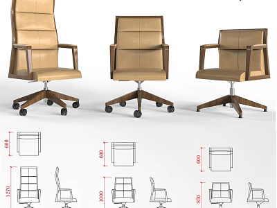 Brown Leather Office Chairs With Wooden Armrests Various Styles And Dimension Diagrams 3d model