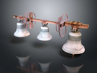 Vintage Decorative Three Hanging Bells on Metal Frame with Red Wheels 3d model