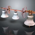 Vintage Decorative Three Hanging Bells on Metal Frame with Red Wheels