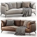 Light Gray And Brown Leather Sectional Sofa With Soft Pillows And Throw Blanket