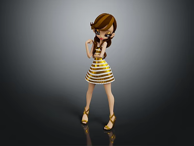 Game Movie Character With Brown Hair In Yellow White Striped Dress And Gold High Heels 3d model