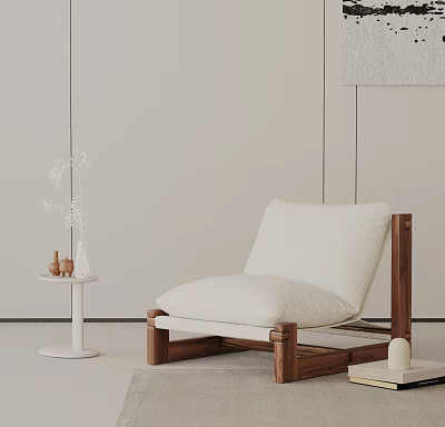Stylish Accent Chair With Wooden Frame White Cushion In Modern Minimalist Interior With Side Table 3d model