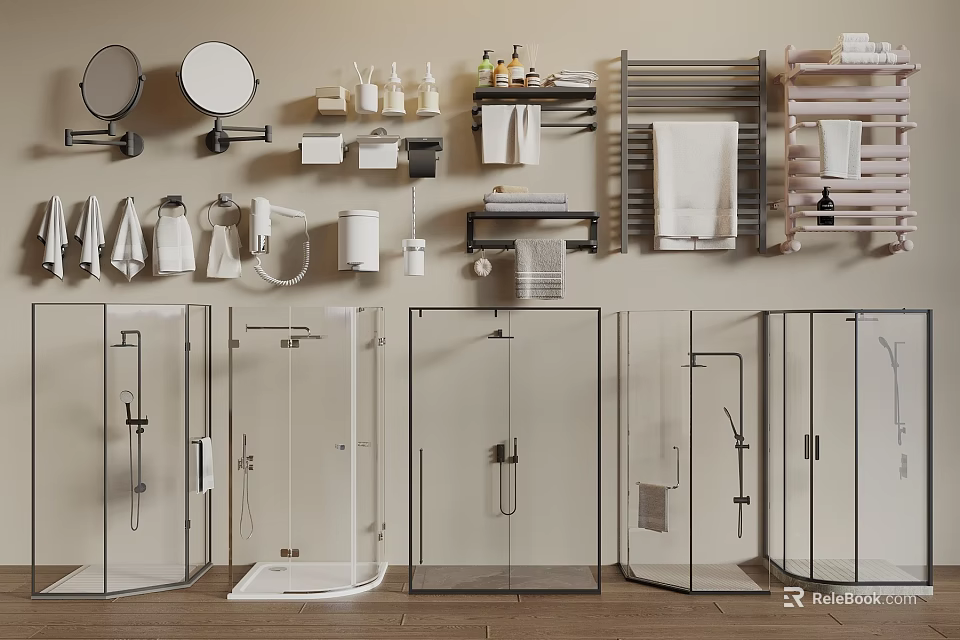 Modern Bathroom Set with Round Mirrors Towel Racks Shower Enclosures and Toiletries 3d model 