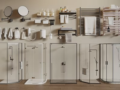 Modern Bathroom Set with Round Mirrors Towel Racks Shower Enclosures and Toiletries 3d model