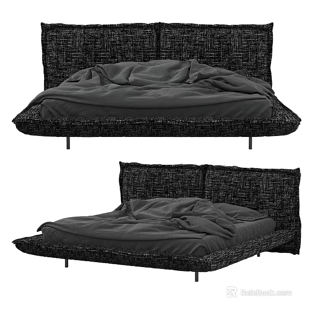 Modern Dark Colored Double Bed With Woven Frame Mattress Bedding And Minimalist Design 3d model 