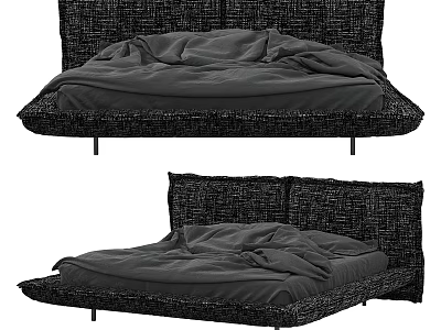 Modern Dark Colored Double Bed With Woven Frame Mattress Bedding And Minimalist Design 3d model