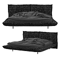 Modern Dark Colored Double Bed With Woven Frame Mattress Bedding And Minimalist Design