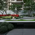 Garden Landscape With Lush Trees Green Plants Stone Path Red Wall And Bench