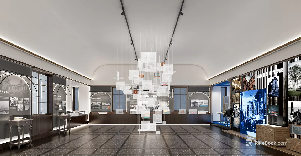 Modern Exhibition Hall Featuring Hanging White Square Installations Dark Tiled Floor And Display Cabinets 3d model 