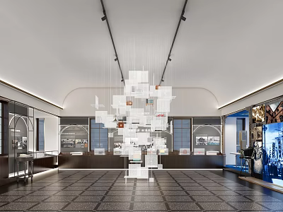 Modern Exhibition Hall Featuring Hanging White Square Installations Dark Tiled Floor And Display Cabinets 3d model