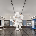 Modern Exhibition Hall Featuring Hanging White Square Installations Dark Tiled Floor And Display Cabinets 3d model