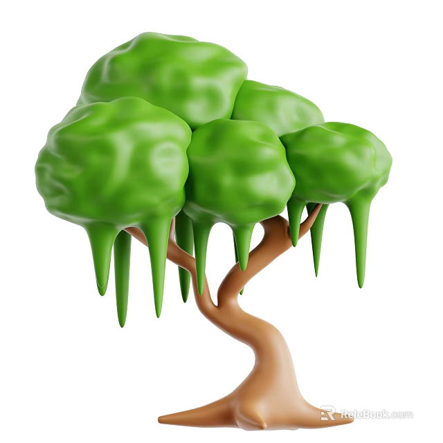 Unique 3D Designed Tree With Green Cloud Like Canopy And Brown Trunk Dripping Pointed Structures 3d model 