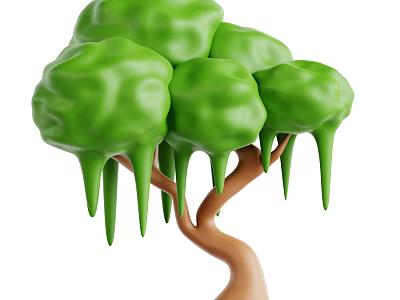 Unique 3D Designed Tree With Green Cloud Like Canopy And Brown Trunk Dripping Pointed Structures 3d model